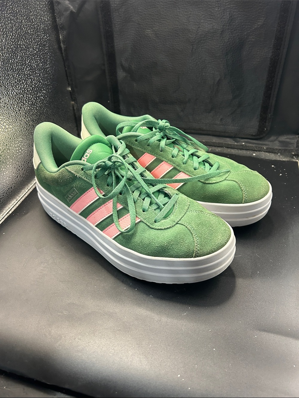 adidas Women’s Green Suede Platform Sneakers with Pink Stripes